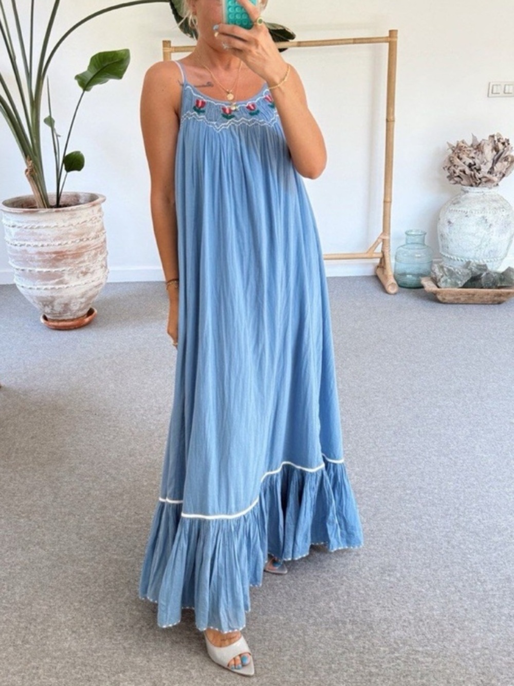 NEW Free People Tip Toeing Tulip Embroidered Gauze maxi Blue Dress sz XL